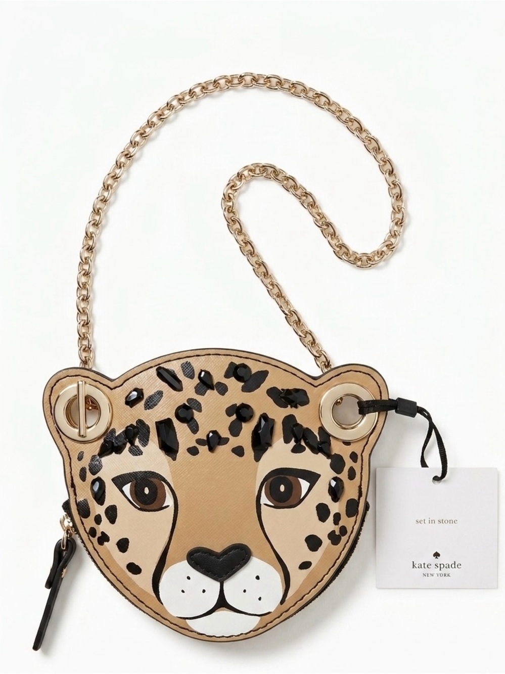 NWT• Kate Spade Cheetah Leopard Head Novelty Coin Purse Bag Charm Rose Floral